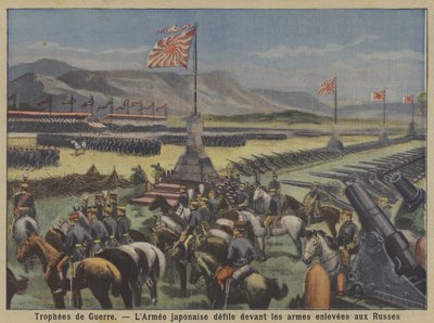 戦争のトロフィー：日露戦争で鹵獲したロシア軍の兵器の前を行進する日本軍（カラーリトグラフ 作： French School