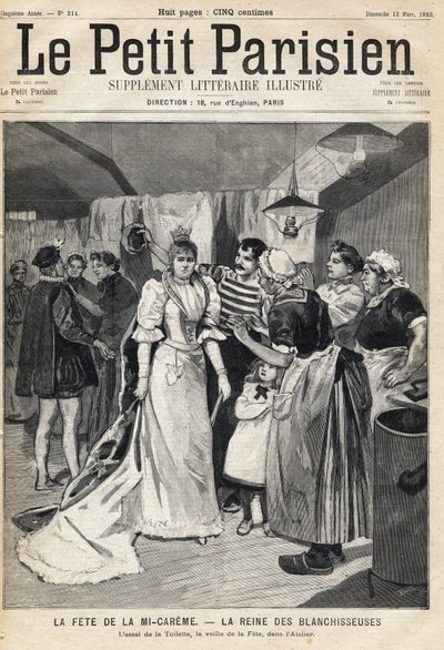Mi Careme Fete（ミ・カレーム・フェット）の前夜、工房でトイレを試す：ホワイトニングの女王。1893年3月12日の新聞「Le Petit Parisien」に掲載された1枚（エングレービング 作： French School