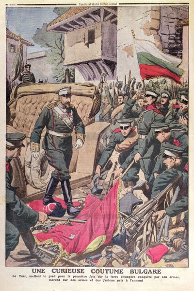 1912年のバルカン戦争、1912年11月の間に捕獲された旗の上を歩くブルガリアの皇帝フェルディナンド1世（1861〜1948年） 作： French School