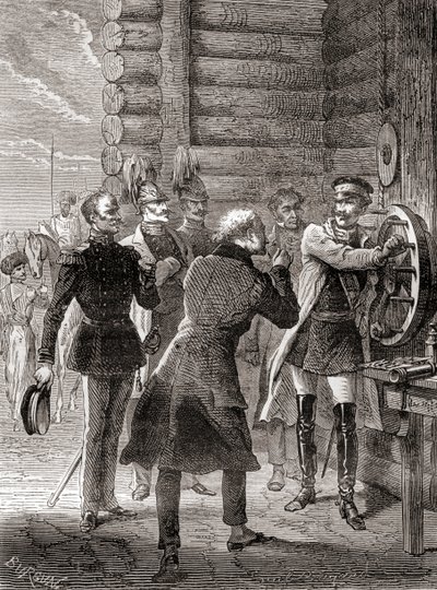 1833年、モスクワとワルシャワの間にクロード・シャップのセマフォを改良した電信線を開通させたニコライ1世（1870年頃出版の『科学の傑作』より）。 作： French School