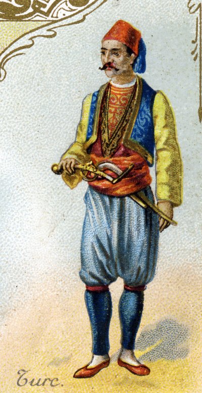 トルコ人男性。19世紀末のパリのリトグラフ版。1869年に制作されたディジョンのビスケット・ペルノ社の25枚の広告用リトグラフシリーズ。伝統的な衣装を着たキャラクターのディテール 作： French School