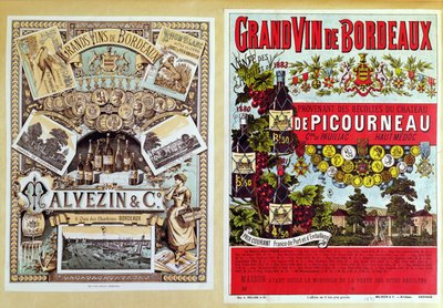 Malevezin and Companyの販売代理店と、19世紀後半のボルドー地方のシャトードピコルノーヴィンヤードの2つの広告 作： French School