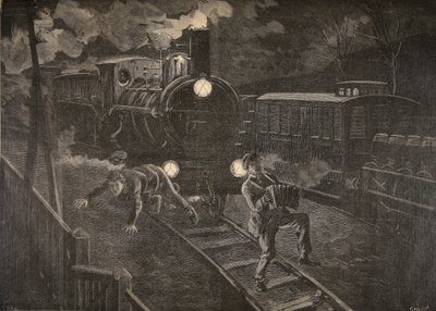 ルプチジャーナルの電車のイラストに見舞われた2人の男性：サプリメントイラストレーター、1898年 作： French School