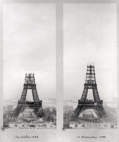 1888年10月14日と11月14日のパリ、エッフェル塔の建設の2つのビュー 作： French School