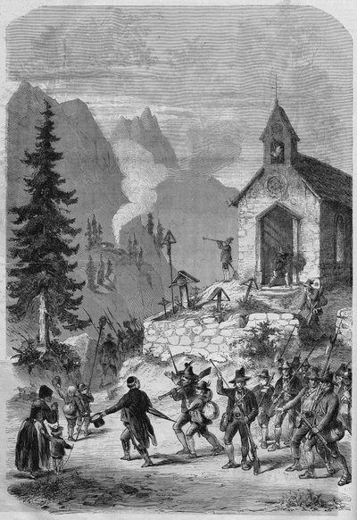 チロル、1866年10月にオーストリア軍のチロル部隊が帰還した場面。エングレーヴィング 作： French School