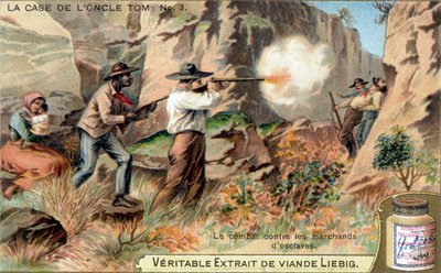 アンクル・トムの箱：奴隷商人との戦い。原作はハリエット・ビーチャー・ストウ（1811-1896）の小説。リービッヒ・クロモリトグラフィー。 作： French School