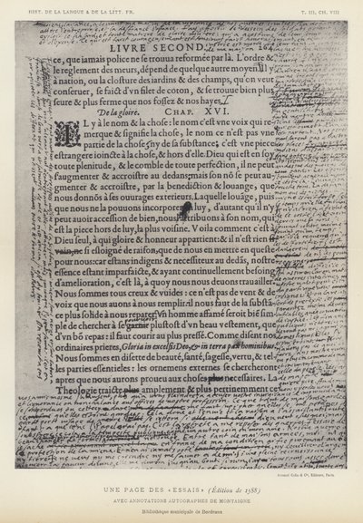 モンテーニュ自筆の注釈付き『エッセイ』（1588年版）の1ページ（リトグラフ版 作： French School
