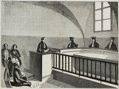 パリの法律学校でのUne these - Edmond Texier 1852年の "Tableau-de-Paris "に掲載された版画 作： French School