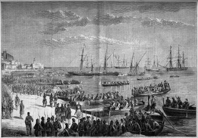 1860年7月、イタリア統一軍-千人隊または赤シャツ隊の遠征-ミラッツォ（シチリア）の退去。ボスコ将軍とフランソワ2世のナポリ軍は、ジュゼッペ・ガリバルディのサウザンド軍との戦いに敗れた後、ミラッツォの城塞を後にした。 作： French School