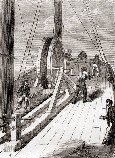 ブレイザー号でドーバー・カレー間の海底ケーブルを解く、1851年12月25日、1870年頃に出版された『Les Merveilles de la Science』より（彫刻画 作： French School