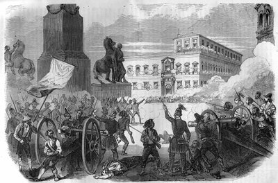 ボローニャでの暴動：1831年から1846年までグレゴワール16世教皇のもとで行われた教皇庁の転覆。モーリス・ラシャトレ著「Histoire des Papes-Rois-Queen and Empereurs a travers les centuries」に掲載されている図版 作： French School
