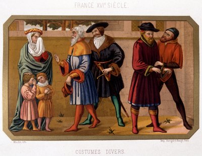 16世紀のブルジョワジーの様々なコスチューム - クロモ。時代資料を基にした19世紀 作： French School