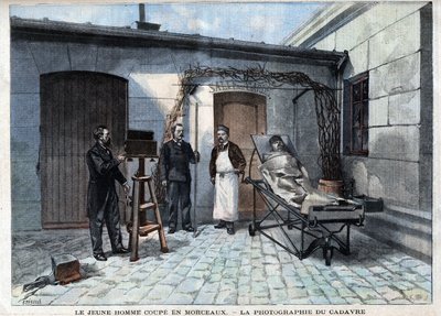 様々な事実：人体計測の生みの親であるフランスの科学者、アルフォンス・ベルティヨン（1853-1914）のサービスによって切り刻まれた死体の写真。- ル・プティル・パリジャン」にて 作： French School