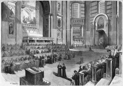 第1バチカン公会議（1869～1870年）。1869年12月9日、ローマのサン・ピエトロ教会のトランセプトの右部分で開催された第1回会議。1869年12月25日付の "Le Monde Illustré "663号に掲載されたエングレーヴィング。 作： French School