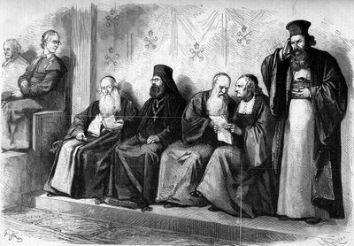 バチカン公会議第1回（1869年～1870年）：ローマのシスティーナ礼拝堂で行われた公会議前の謁見での総主教と大主教の様子。1869年12月。1869年12月19日付「Le Monde Illustré」662号に掲載されたエングレーヴィング。 作： French School