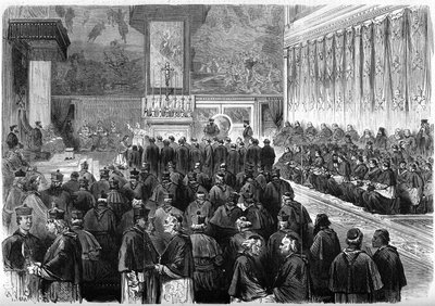 第1バチカン公会議（1869-1870）：ローマのシスティーナ礼拝堂でプロシノダール謁見。教皇ピウス9世（1792-1878）は、マレシャルと公会議の関係者のセレーの宣誓を受けました。1869年12月。12月19日付「Le Monde Illustré」662号に掲載されたエングレーヴィング 作： French School