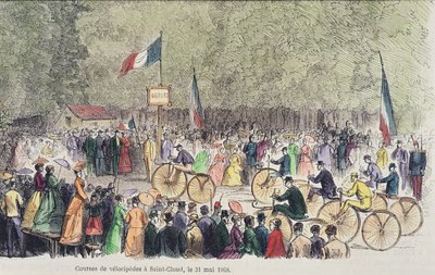 1808年5月31日、Saint-CloudでのVelocipedeレース（カラー彫刻） 作： French School