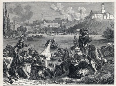 ヴァンデ戦争（1793-1796）：Choletの戦いで敗れたヴァンデ人が10月18日にLoireに戻ってきた 作： French School
