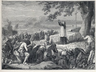 ヴァンデ戦争（1793〜1796年）。宣誓した司祭を拒絶する反乱軍のために、樫の木の下でミサを祝う司祭の挿話。1889年のエングレーヴィング。個人蔵。 作： French School