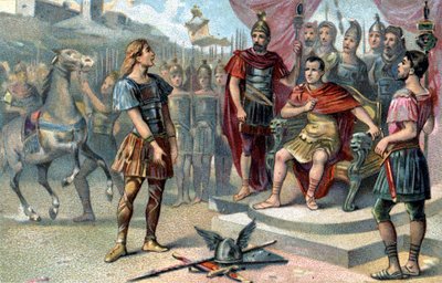 紀元前52年、ガリア人のリーダーであるVercingétorixは、Julius Caesarのもとへ。 作： French School