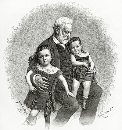 ヴィクトルユーゴーと彼の小さな子供たち、19世紀（bw彫刻） 作： French School