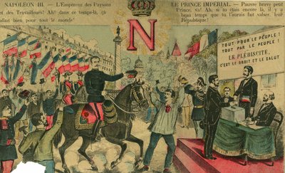 ボナパルティスト支持者の先頭に立つヴィクトル・ナポレオン（1862-1926）。ナポレオン1世の最後の継承者は、1886年に第三共和国で可決された法律により、亡命せざるを得なくなった。1889年3月30日にパリで発行された「Le Figaro, supplement」に掲載されたエングレーヴィング。 作： French School