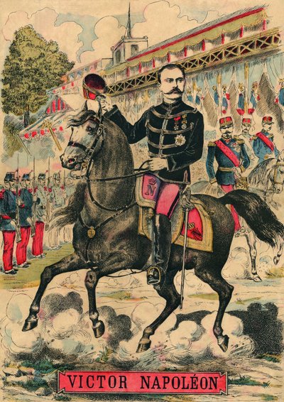 ボナパルティスト支持者の先頭に立つヴィクトル・ナポレオン（1862-1926）。ナポレオン1世の最後の継承者は、1886年に第三共和制で可決された法律により亡命せざるを得なかった。1889年3月30日、パリの「ル・フィガロ」紙に掲載された版画。コル。Selva。 作： French School