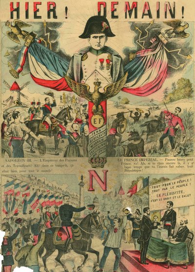 ボナパルティスト支持者の先頭に立つヴィクトル・ナポレオン（1862-1926）。ナポレオン1世の最後の継承者は、1886年に第三共和制で可決された法律により亡命せざるを得なかった。1889年3月30日、パリの『ル・フィガロ』誌に掲載された版画。 作： French School