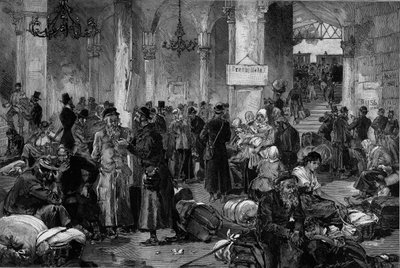 ウィーン1882年、北ファーンの失われた原因のホール：ロシアで起きた反ユダヤ主義運動が宥められた後に追放されたユダヤ人の送還、"Le Monde Illustre "より。 作： French School