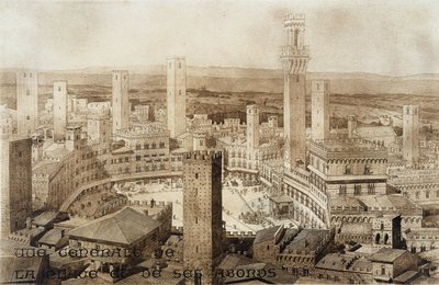 ジュールズアドルフショーヴェ（b.1828）によって刻まれた、シエナの向こう側の眺め、モニュン時代のエトデラルネサンスの断片から彫刻 作： French School