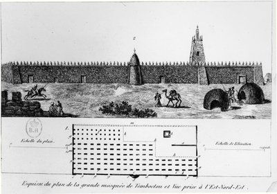 ジャーナルドゥンボヤージュトンブクトゥ（ルネケイリー作）（1799〜1838年）、1830年、ティンブクトゥの大モスクの眺めと計画 作： French School