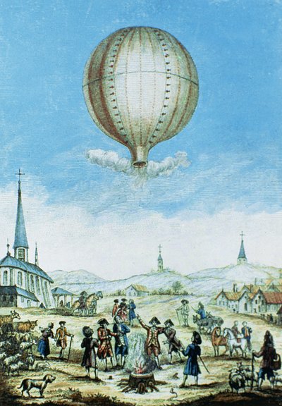 ビバライスのAnnonayの景色と1783年のモンゴルフィエ兄弟の熱気球の最初の飛行（カラー彫刻） 作： French School