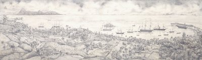 19世紀半ば、タヒチ島パペーテのモーレア島に向かって港を見下ろす景色 作： French School
