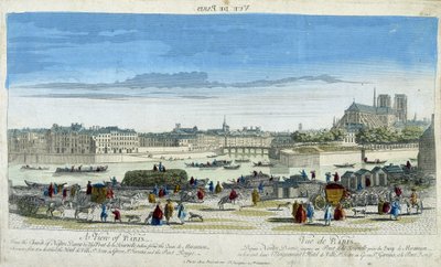 パリとノートルダム寺院、サン・ルイ島の埠頭の眺め - エングレービング 作： French School