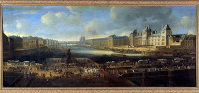 ポンヌフから見たルーヴル海岸からのパリの眺め 17世紀のフランス派の絵画 作： French School