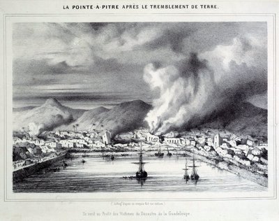 1843年8月2日の地震後のポワント・ア・ピートル（Pointe-a-Pitre）の眺め。19世紀のエングレービング シャルトル、ボザール美術館 作： French School