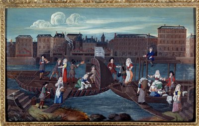 パリのメギスリー河岸での魚船と白塗りの船の眺め フランス派の匿名の絵画。1670.パリ、カルナヴァレ美術館 作： French School