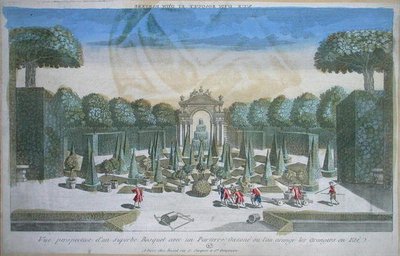 夏にオレンジの木を撮影した木立とパルテールの眺め 18世紀半ば（カラーエングレーヴィング） 作： French School