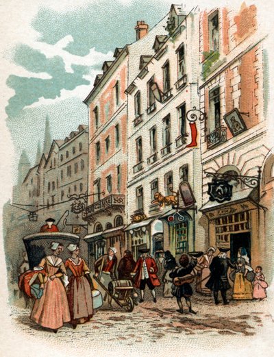 ルイ 15 世の治世下のパリの通りの眺め、18 世紀初頭 Chromolithography de la fin du 19 世紀 個人蔵 作： French School