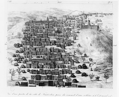 1830年に出版された、ルネカイリーによるトンボクトウの航海から、丘から東に撮影されたティンブクトゥの町の一部の眺め 作： French School