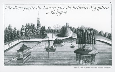 スタインフォールのベルヴェデーレ宮殿前の湖の一部。ジョージ・ルイス・ルルージュ著「Jardins Anglo-Chinois de la Mode」（1776-90年刊）より（エングレーヴィング）（モノクロ写真）。 作： French School