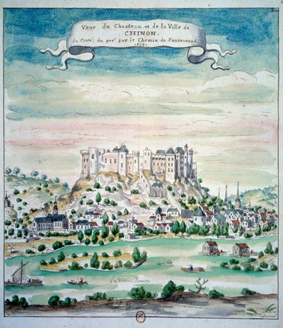 シノン・シャトーの眺め フランス派の水彩画。1699年 パリ、B.N. 作： French School