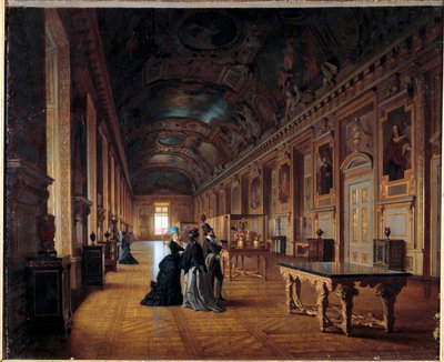 ルーヴル美術館アポロンのギャラリーの様子 絵画を鑑賞する来場者。フランス派の絵画。1880年頃 太陽 0.46x0.55 m。 作： French School