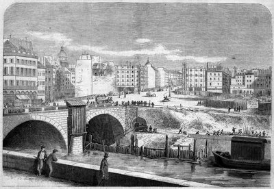 1857年に建設されたサンミッシェル橋（サンミッシェル）とサンミッシェル広場（パリ）の眺め 作： French School
