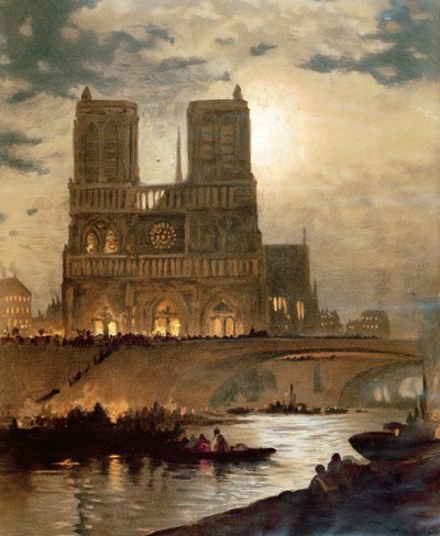 ノートルダム大聖堂の西側ファサードの眺め、パリ、1840年頃 作： French School