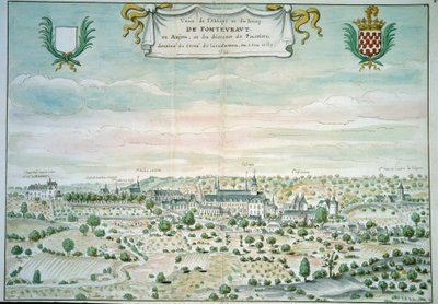メーヌとロワールのフォントヴロー（フォントヴロー）の修道院の眺め フランス派の水彩画。1699年 パリ、B.N. 作： French School