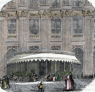 1860年頃のパリ、パレ・ロワイヤルのカフェ・ド・ラ・ロトンドの風景（カラー・エングレーヴィング 作： French School