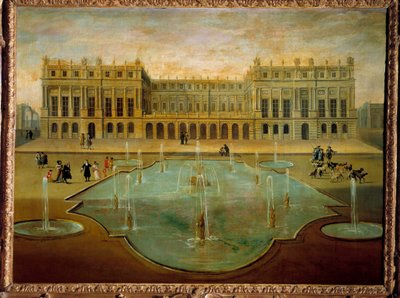 1678年以前の庭園側からのヴェルサイユ城の眺め フランス派の匿名の絵画。17世紀 日1,36 x 1,54 m 作： French School