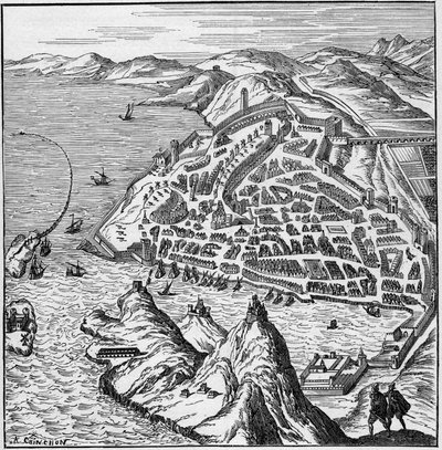 16世紀のマルセイユの街と港の風景。エングレービング "La Marine et les colonies: commerce" より 作： French School
