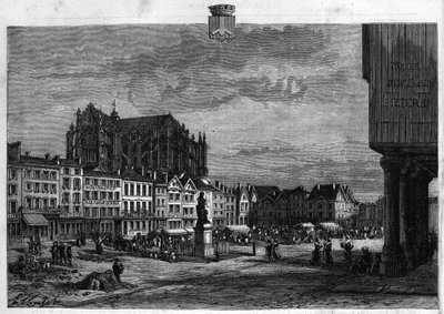 オワーズ川に浮かぶボーヴェの街の風景。La republique illustree "の個人コレクションにある1880年のエングレーヴィング。 作： French School